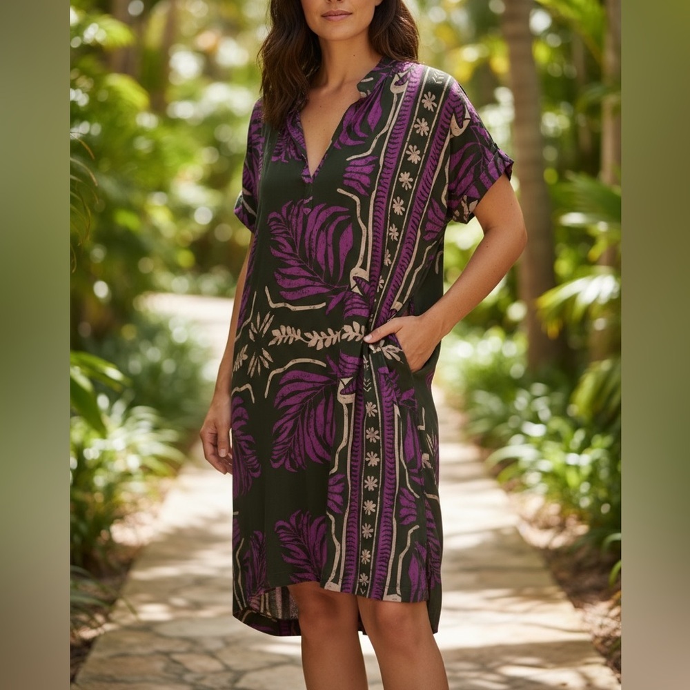 Olivaceous Botanical Leaf Print High-Low Tunic Dress Short Sleeve Purple Olive L